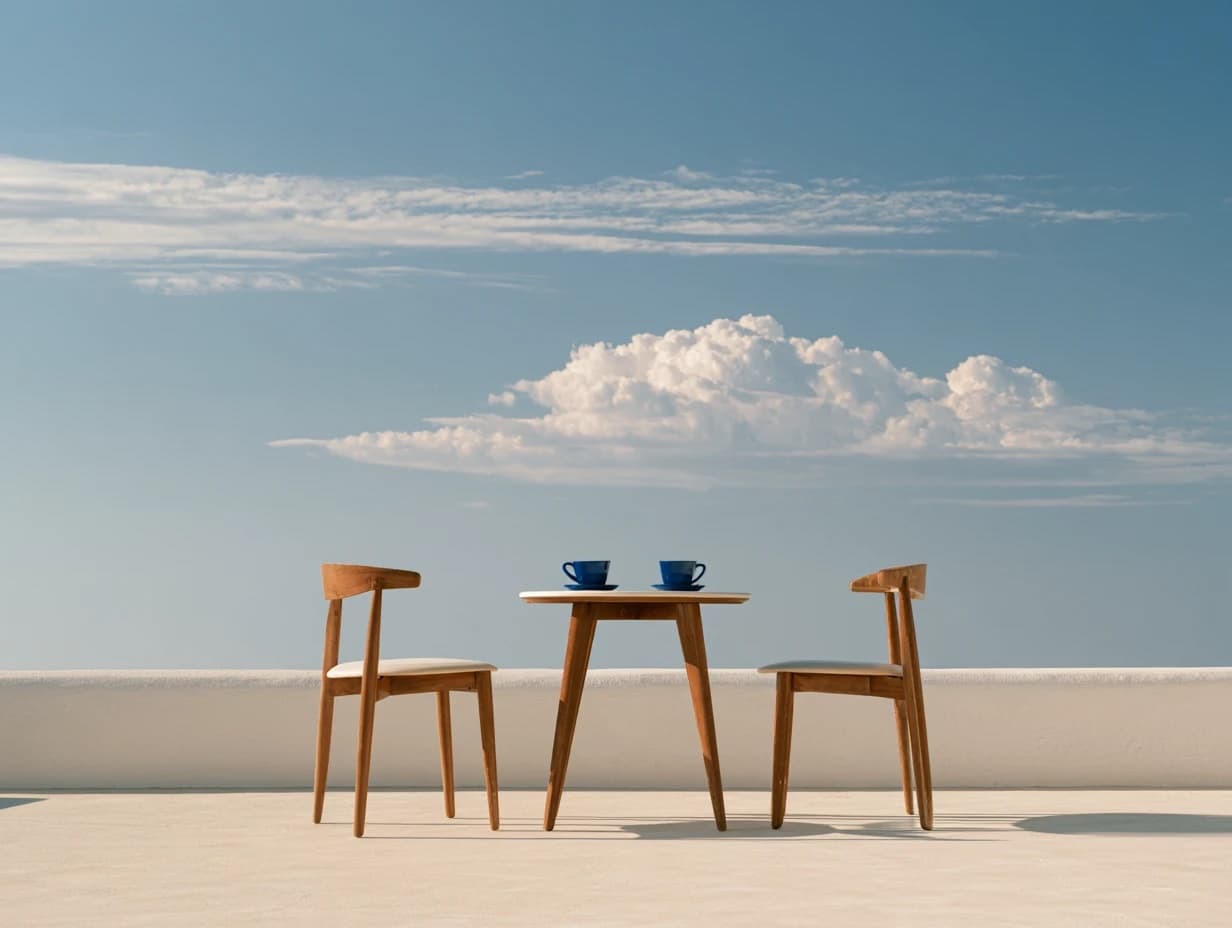 A café table for two with two blue coffee cups on a rooftop under a blue sky
