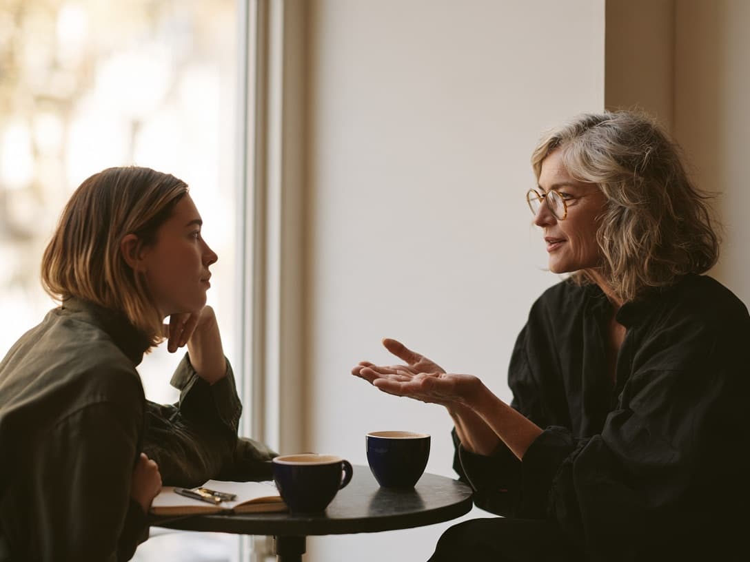 A young woman listening as an older woman explains something across a small café table with two blue cups